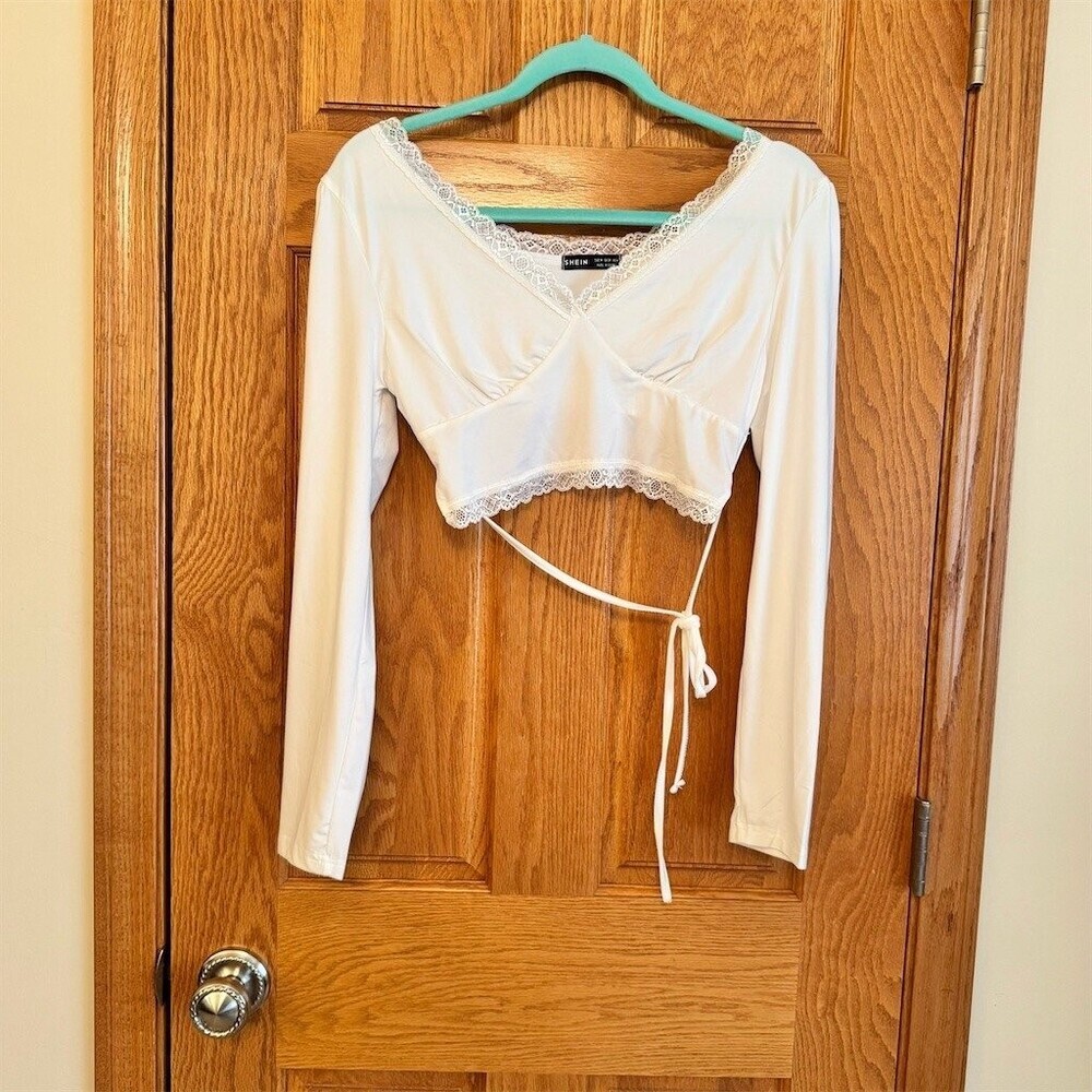 SHEIN Blouse Womens Size M White Lace Trim Long Sleeve Wrap Crop Top Tie